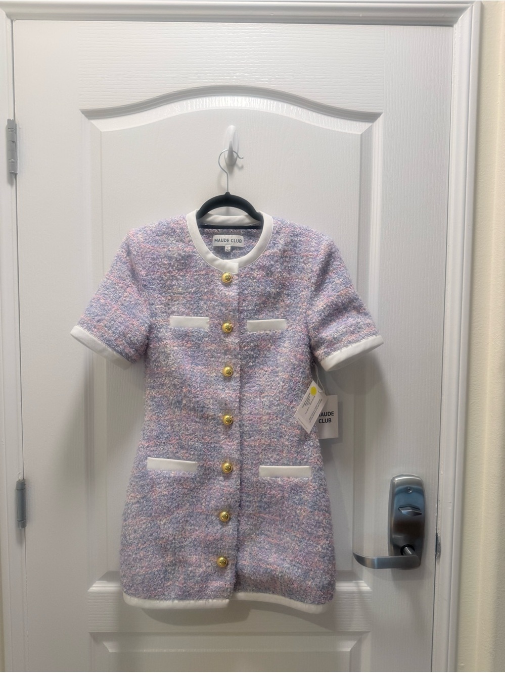 Maude Club Taylor Lavender Tweed Mini Dress with Gold Buttons Size S NWT - Picture 2 of 5
